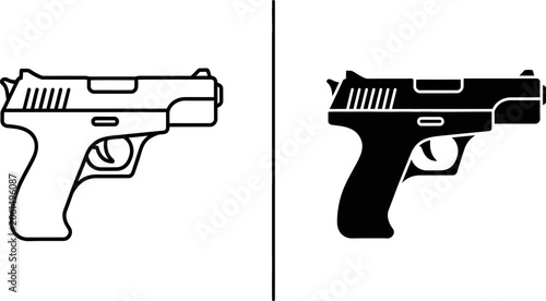 Fotografi Pistol outline and solid silhouette on white background with dividing line for c