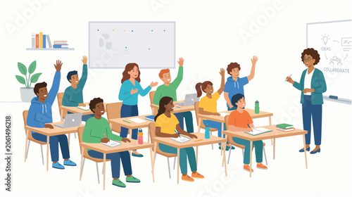 Minimalist 2d flat illustration style classroom environment with active participation