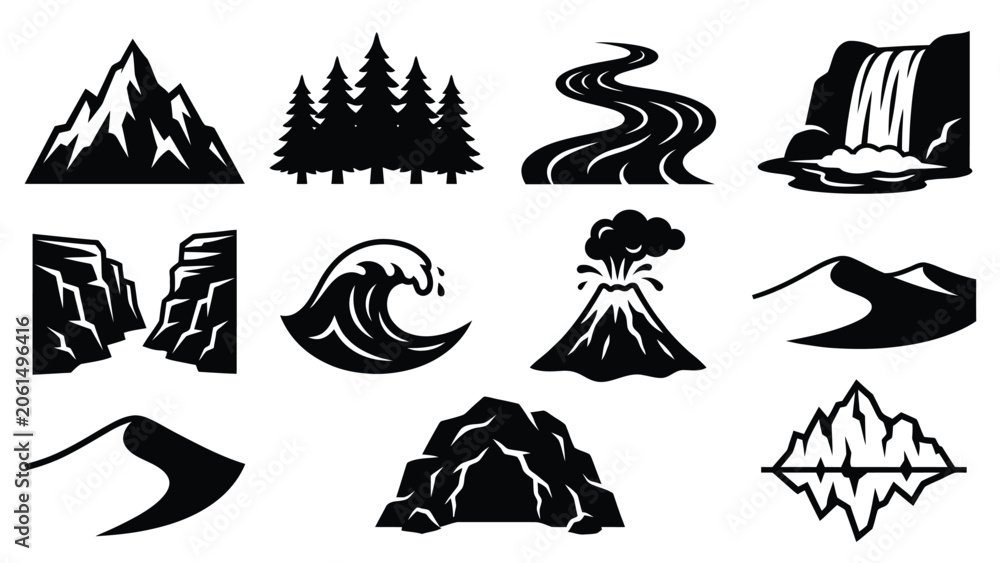 Fototapeta premium Natural landscape elements and formations icons.