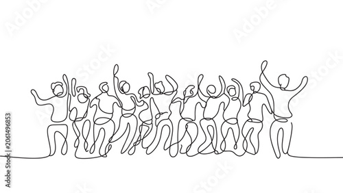 Celebrating Crowd Continuous Line Art Victory and Unity Group Illustration