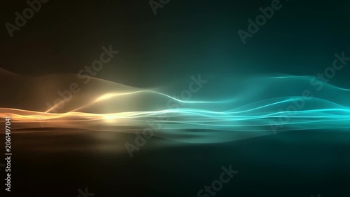 Abstract flowing light waves in warm orange and cool blue tones against a dark gradient background creating an ethereal digital art composition.