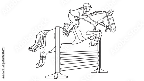 Equestrian Show Jumping Horse and Rider Mid-Air Jump Black and White Line Art Illustration