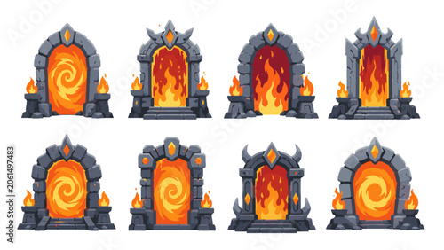 Foto Set of fantasy stone portals with fire and swirling energy