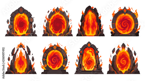 Fotografie Set of fiery stone portals with glowing lava openings