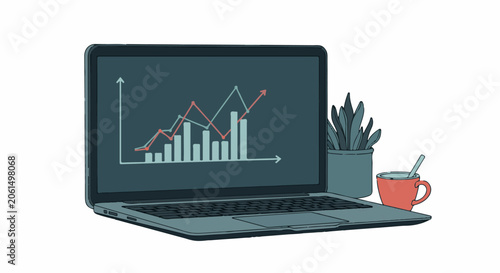 A laptop displays a graph on its screen next to a plant and coffee