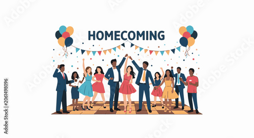 A lively homecoming scene with people dancing and celebrating, surrounded by balloons and streamers
