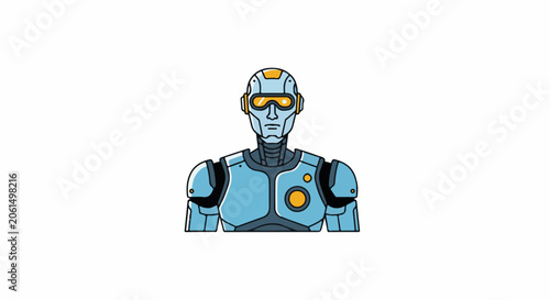 A robot with a blue body and yellow accents on its face and chest