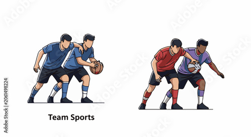 A pixelated illustration of four men engaged in a competitive team sport with a ball