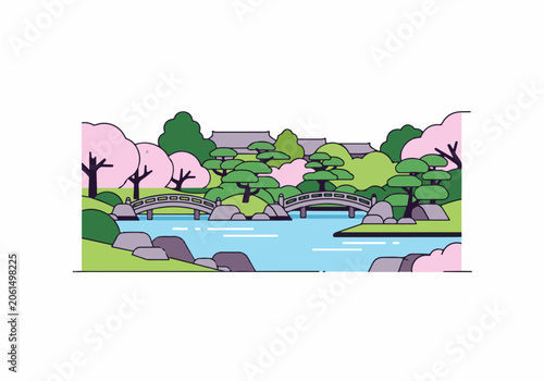 A serene landscape with a river, two bridges, and trees with pink blossoms