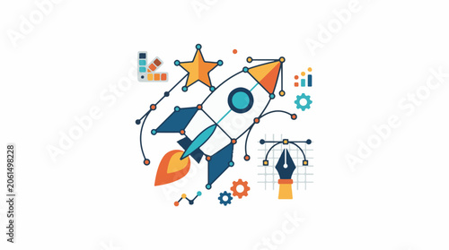A rocket surrounded by graphs, gears, and design elements