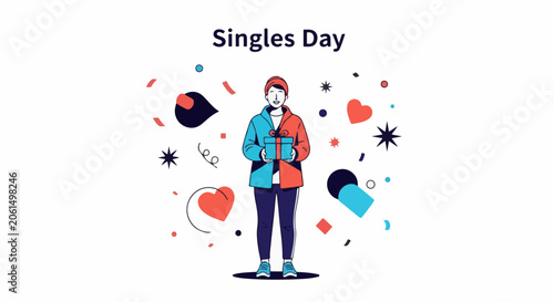 A person holding a gift on Singles Day surrounded by colorful shapes