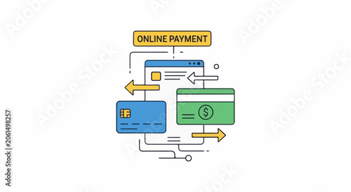A simple illustration showing online payment process with credit card and bank account