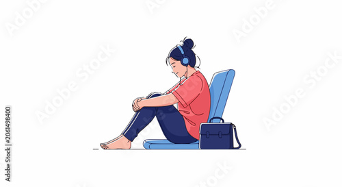 A woman sits on a chair with headphones on