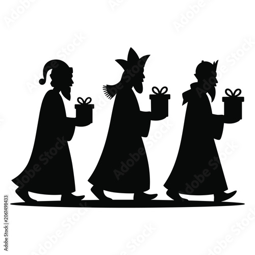 Bild auf Leinwand Black silhouette of three wise men kings bearing christmas gifts walking in line isolated on white background