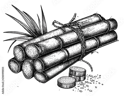 A black-and-white illustration of bound bamboo stalks with scattered segments and a plant