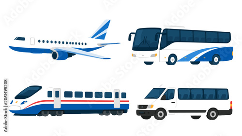 Foto Set of passenger transport vehicles including plane bus train and van