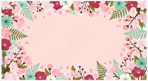 Cherry blossom branch frame with pink and turquoise flowers and green fern leaves on soft pink background for serene spring design and romantic event invitations
