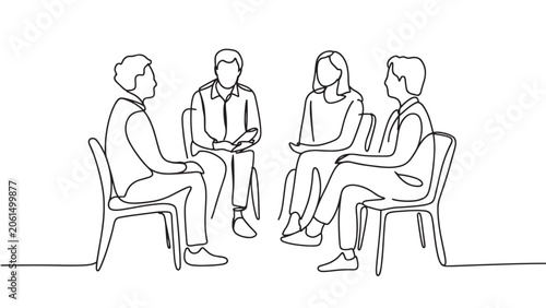 Group Discussion Continuous Line Art People Sitting in Circle Meeting Illustration