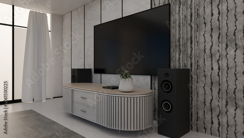 Φωτογραφία Modern Entertainment Room Showcasing Wide Screen Display Elegant Storage Cabinet