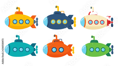 Quadro su tela Set of colorful cartoon submarines isolated on white background