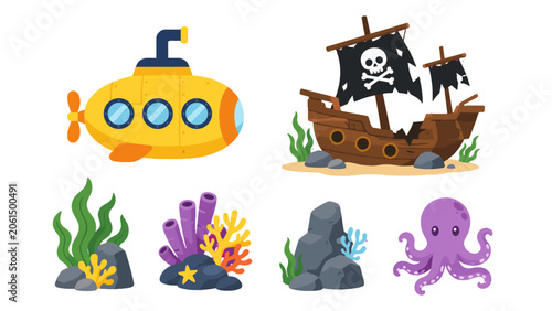 Quadro su tela Cartoon underwater elements set with submarine shipwreck and octopus