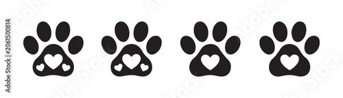 Set of cute animal paw prints with hearts isolated on a transparent background for graphic design.