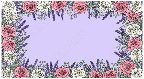Romantic rose and lavender border frame with pink and white roses on soft lilac background for wedding stationery and elegant event celebration invitation templates