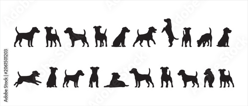 Detailed black silhouettes of Jack Russell Terrier dogs in diverse poses isolated on white set