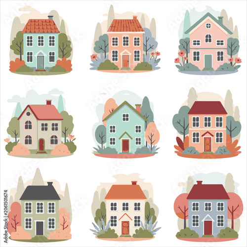 Collection of nine unique suburban house illustrations with distinct architectural styles and surrounding garden elements in a clean flat vector art design