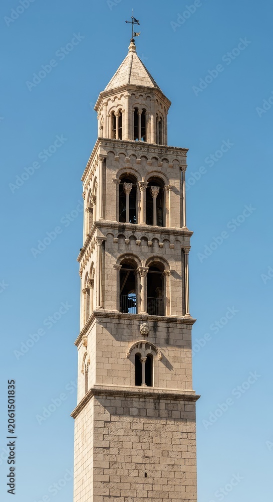 Obraz premium An ancient stone bell tower rises toward a clear blue sky, showcasing intricate masonry, arched windows, and a classic weathered texture, chapel, pinnacle, spire
