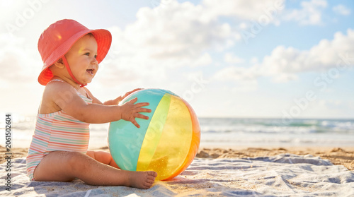 Baby playing with a colorful beach ball on sandy beach in summer  
