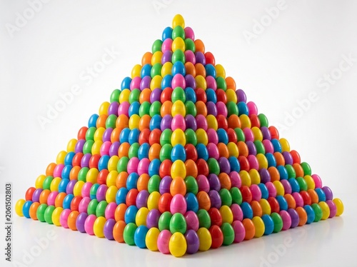 Massive 3D pyramid stack of colorful plastic Easter eggs isolated on white background