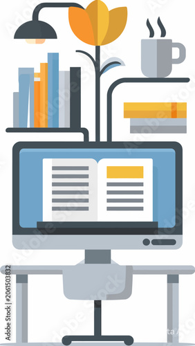 Graphic illustration of a computer with books and plant.
