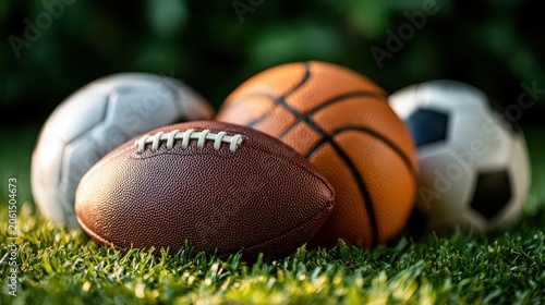 Four sports balls-football, basketball, and two soccer balls-are positioned on grass with a blurred natural background.