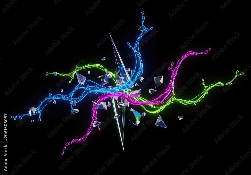 Obraz premium A mesmerizing composition of neon liquid trails and geometric shards floating gracefully through a deep, midnight black digital void, flow, cyberspace, graphic