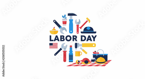 Colorful illustration of Labor Day with tools, food, and drink on a red and white picnic blanket
