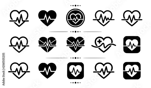 Tableau sur toile Heart logos with cardiogram vector set for healthcare branding