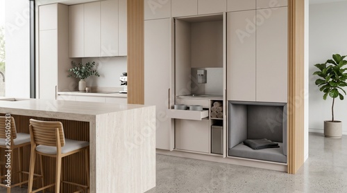 Kitchen Adjacent Pet Millwork Wall With Hidden Care And Bed Niche