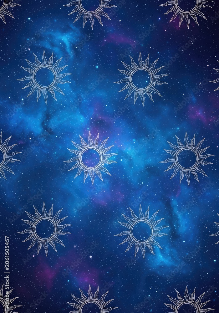Fototapeta premium A seamless pattern featuring elegant silver sun contour drawings scattered across a trendy galactic blue backdrop for a modern aesthetic, cosmos, elegant, graphic