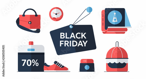 A colorful graphic illustration of Black Friday sale items