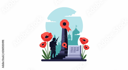 Illustration of a soldier and a monument with poppies