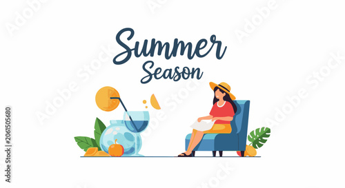 Summer scene with a woman sitting on chair reading, with a cocktail and fruits
