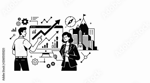 A black and white illustration of two business professionals analyzing a graph on a computer screen surrounded by cityscape and various business-related icons