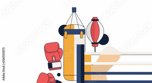 A colorful illustration of a boxing ring with punching bags and gloves