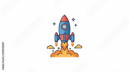 A colorful cartoon rocket ship blasting off into the sky with flames and smoke