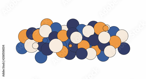 A colorful cluster of various sized circles in blue, orange, and beige