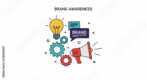 A colorful graphic illustrating brand awareness with symbols