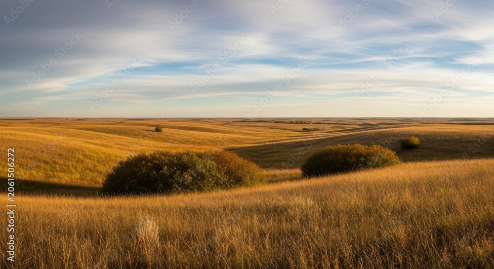 Obraz premium Expansive golden fields and rolling hills under a vast blue sky, illustrating a serene rural landscape with natural beauty.
