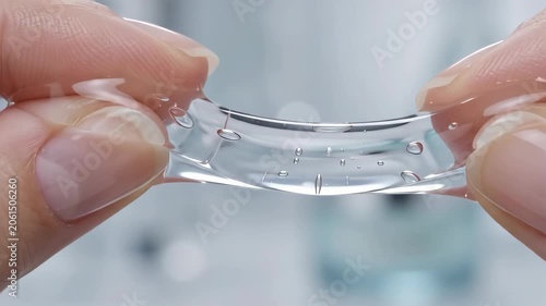 Close-up of translucent gel stretching smoothly between fingertips. Detailed texture and elasticity of a clear skincare serum in a clean beauty laboratory