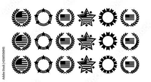 American Flag Emblems, Laurel Wreaths, Stars, and Gears Vector Set: Patriotic Icons for Design